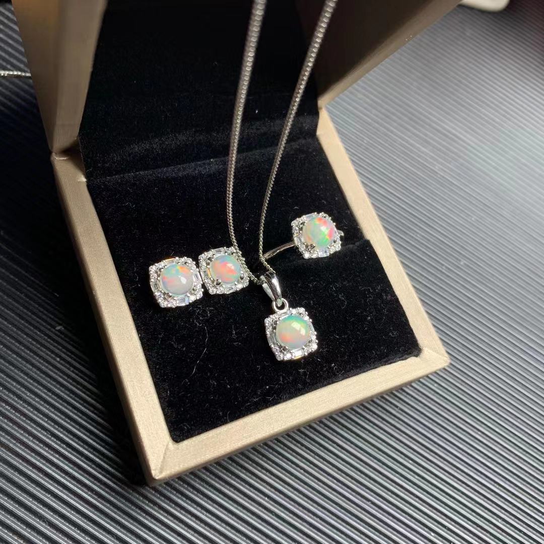 Natural Opal Set 925 Silver Inlaid Pendant Ring Jewelry for Women Gift for Girlfriend Live Supply