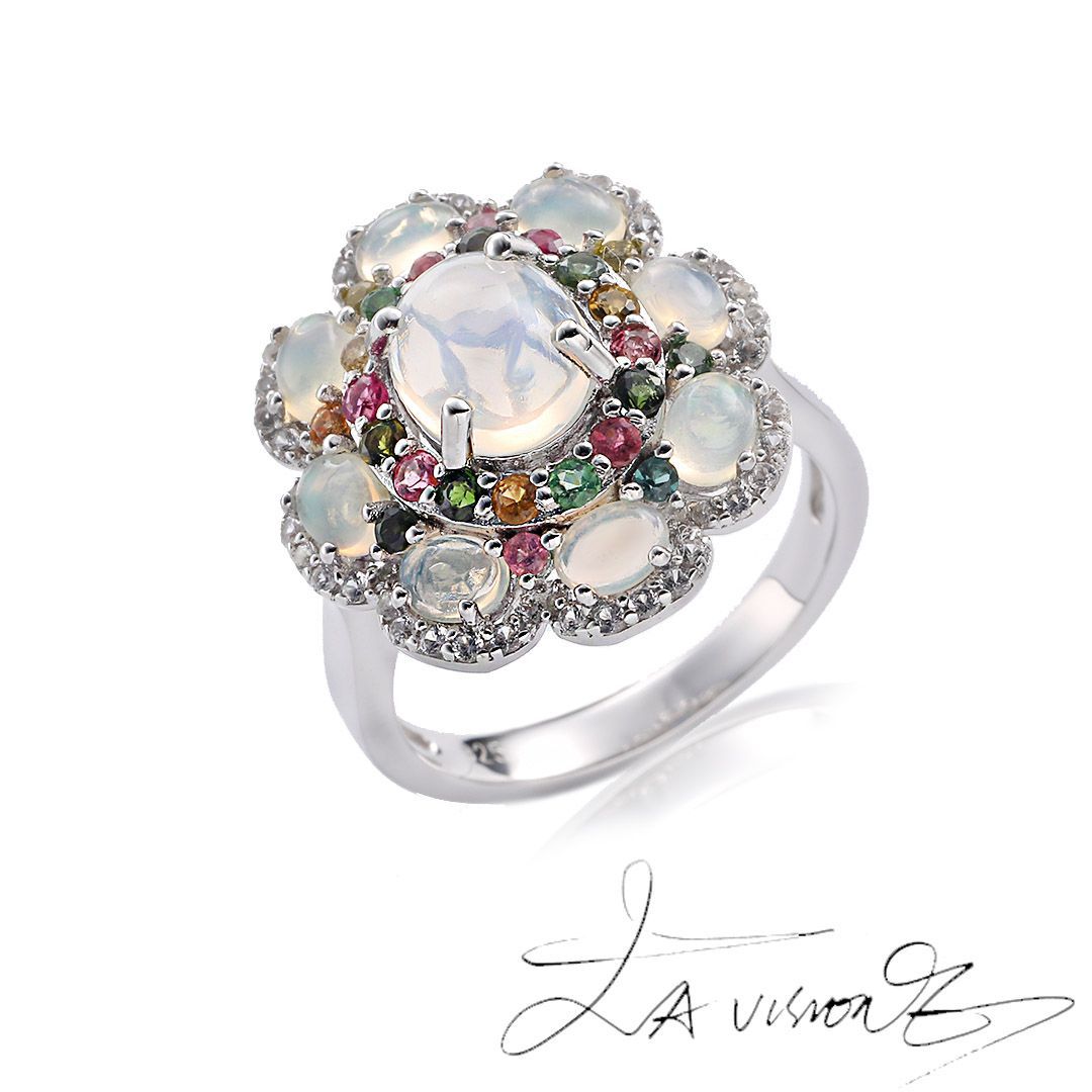 S925 Inlaid Natural Opal Natural Tourmaline Synthetic White Sapphire Ring