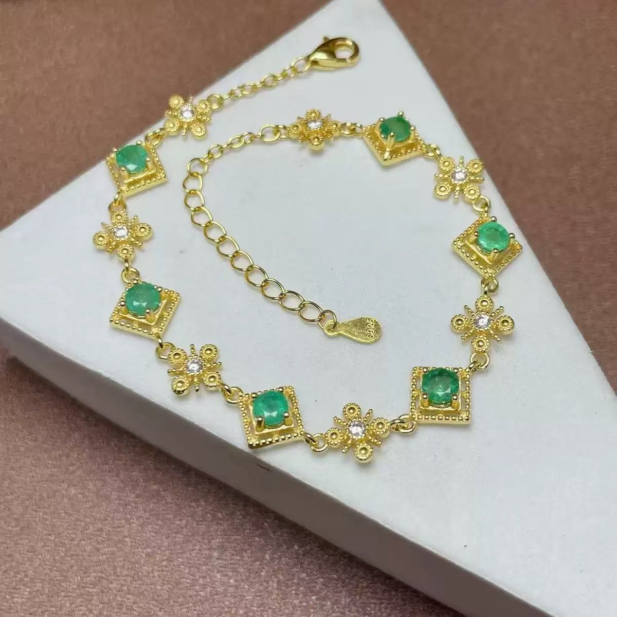 Vintage 925 Silver Inlaid with Emerald Tanzanite Pink Opal Natural Gemstone Multi-Gem Bracelet