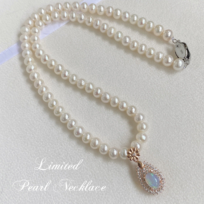 Mother's Day Gift Natural Freshwater 6 Pearl with Main Stone 6*8 Natural Opal Pendant