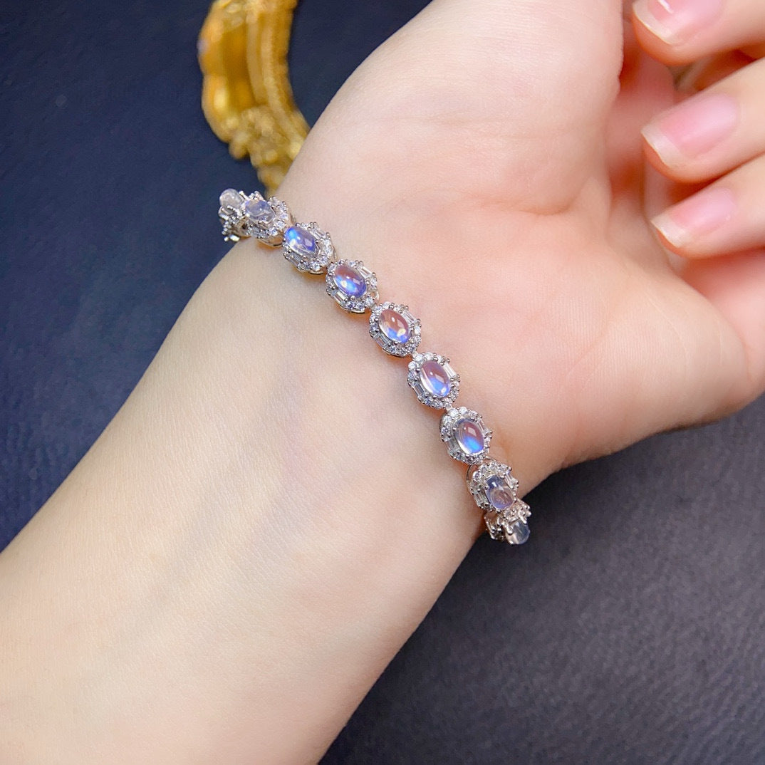 Natural Moonstone Bracelet Premium Blue Moonstone Glass Body Micro Cotton Particles Strong Blue Light 925 Silver Precision Craft 3*5