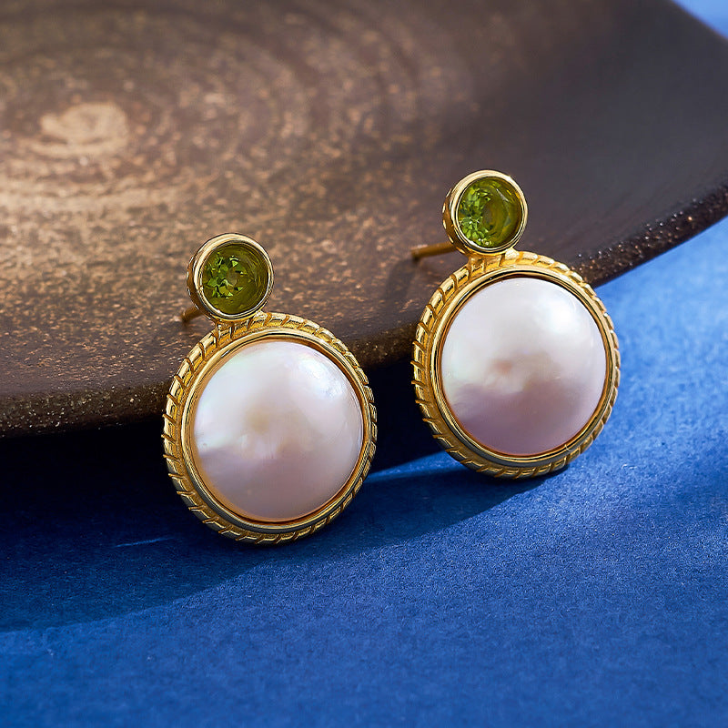 S925 Silver Gold-Plated Round Cabochon Mabe Pearl Stud Earrings French Vintage Peridot Earrings