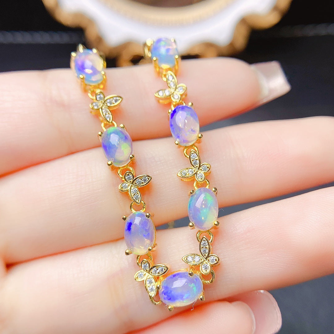 S925 Silver Inlaid Main Stone 5*7 Natural White Opal Bracelet