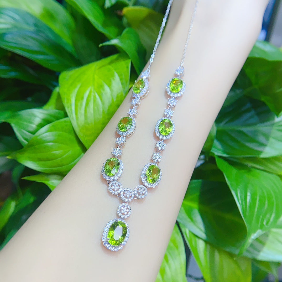 S925 Silver Inlaid Main Stone Olive 6*8+7*9 Natural Olive Necklace