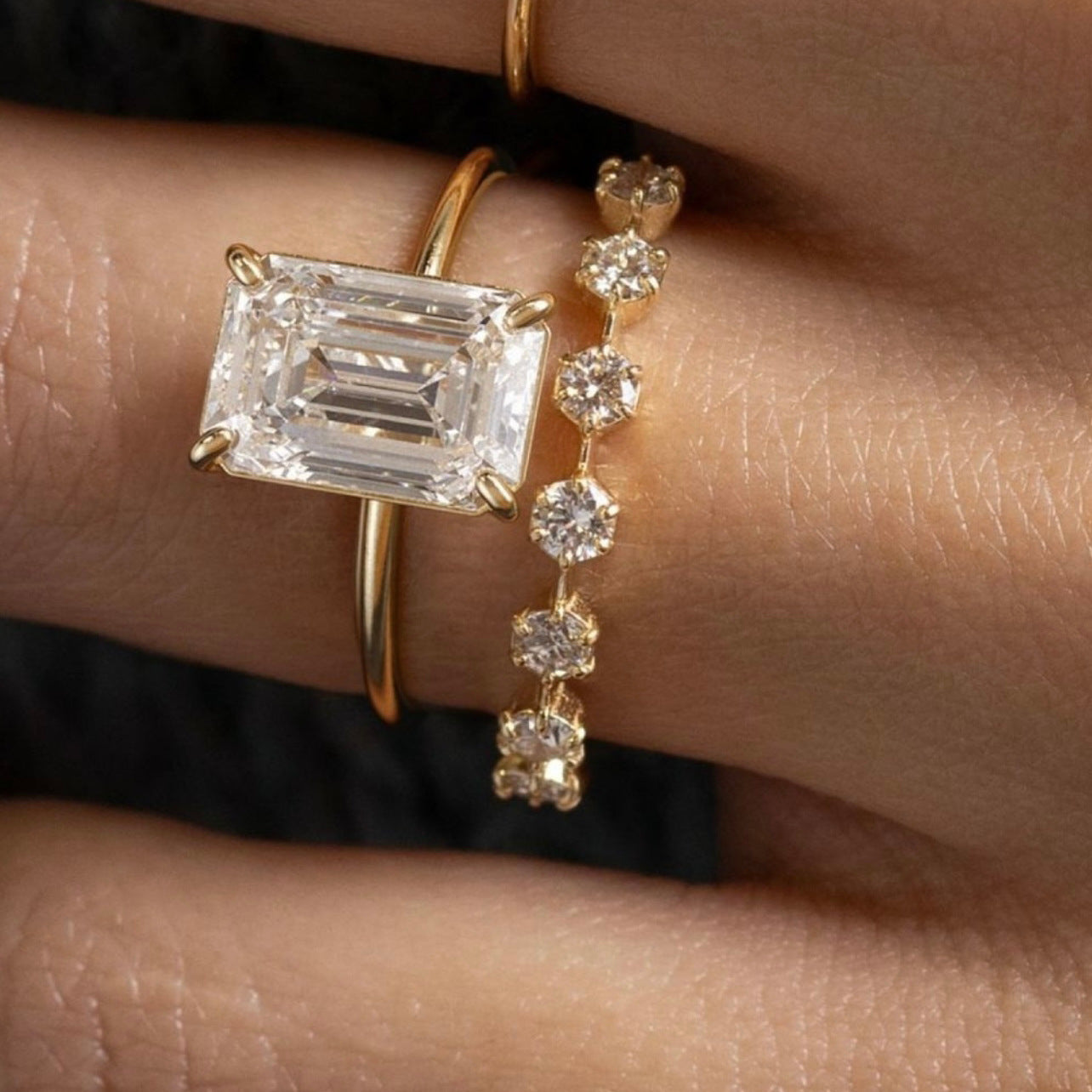 S925 Silver Set Ring Moissanite Ring Set Rectangular Main Stone Stacking Ring Source Factory Wholesale