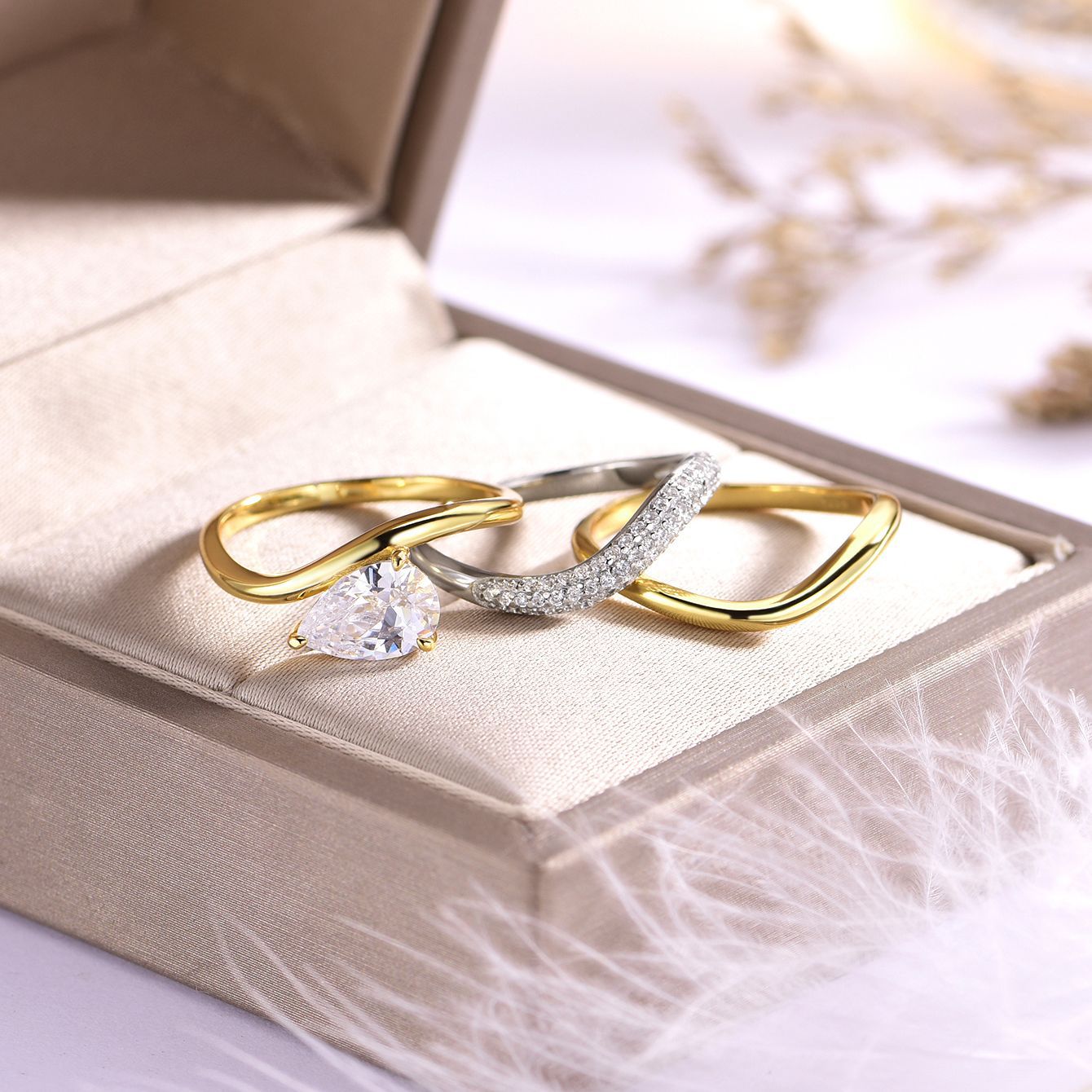 S925 Silver Combination Three-Piece Set Water Drop Shape Moissanite Ring Set Fashionable Stacking Ring Set Live Hot Sale Wholesale