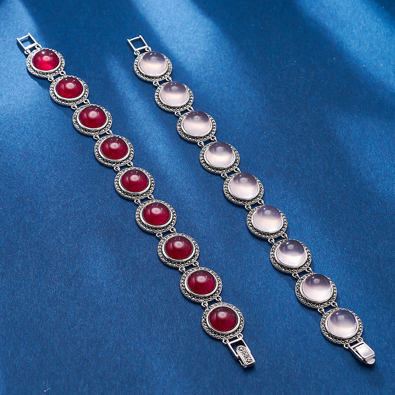 European and American Retro Mosaic Round Red Corundum Bracelet S925 Sterling Silver Inlaid Pink Crystal Cabochon Personalized Bracelet