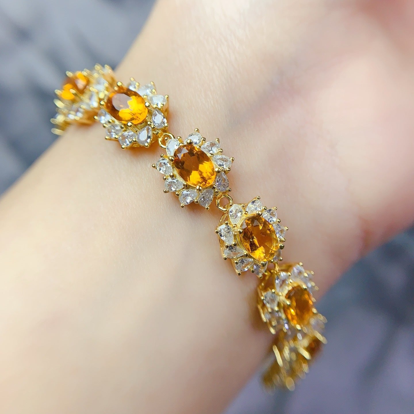 S925 Silver Fine Craft Inlaid 5*7mm Exquisite Yellow Crystal Bracelet