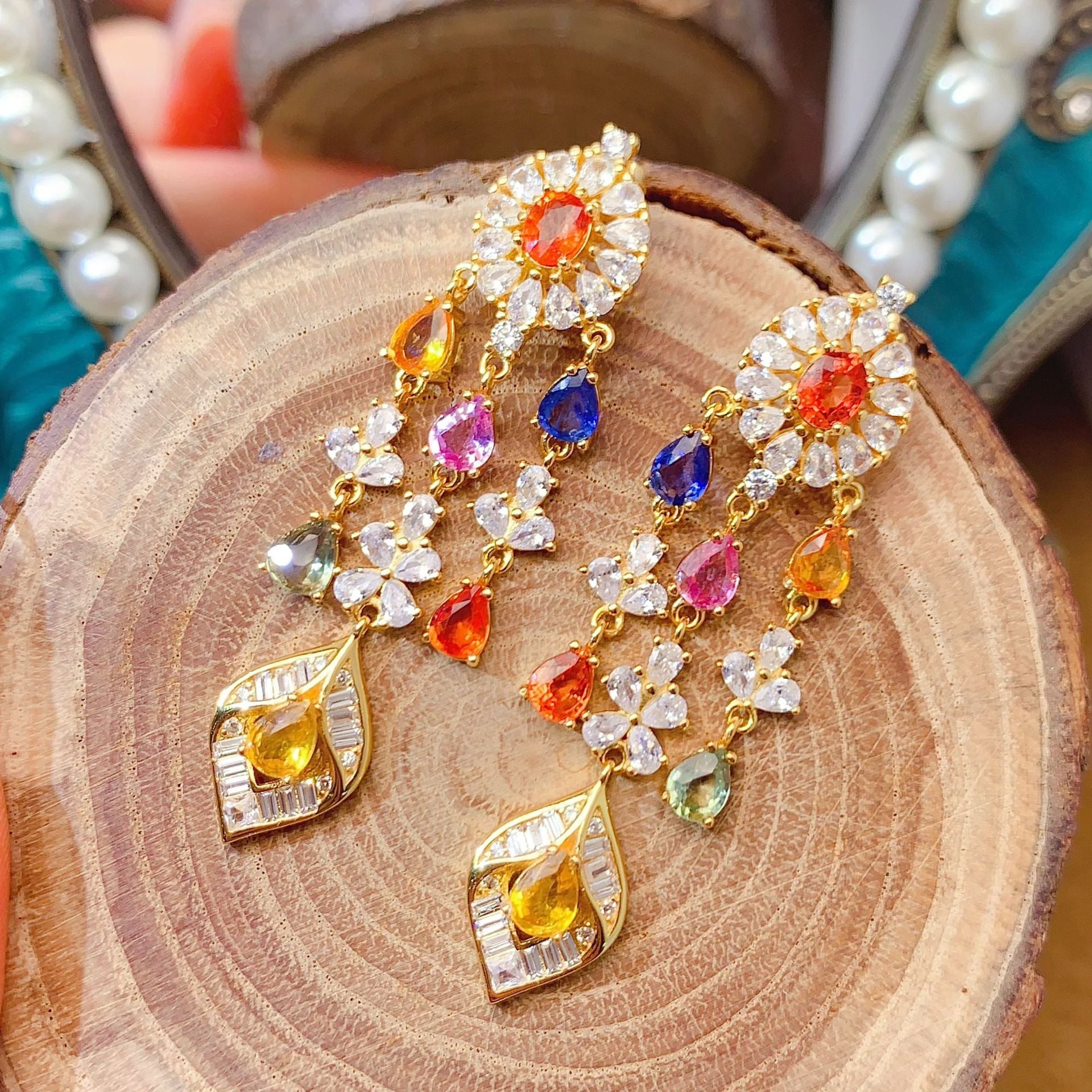 S925 Earrings Niche High-End Feel Earrings 4*5mm Natural Colorful Sapphire Earrings