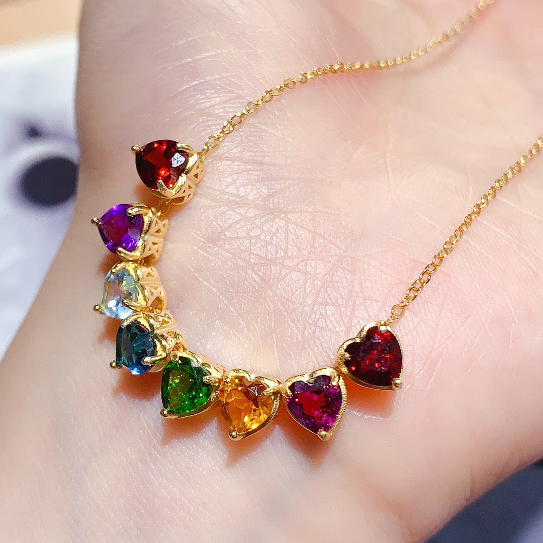 S925 Silver Inlaid Multi-Gem Necklace Heart Simple Fashion Versatile High-End Color Gem Necklace