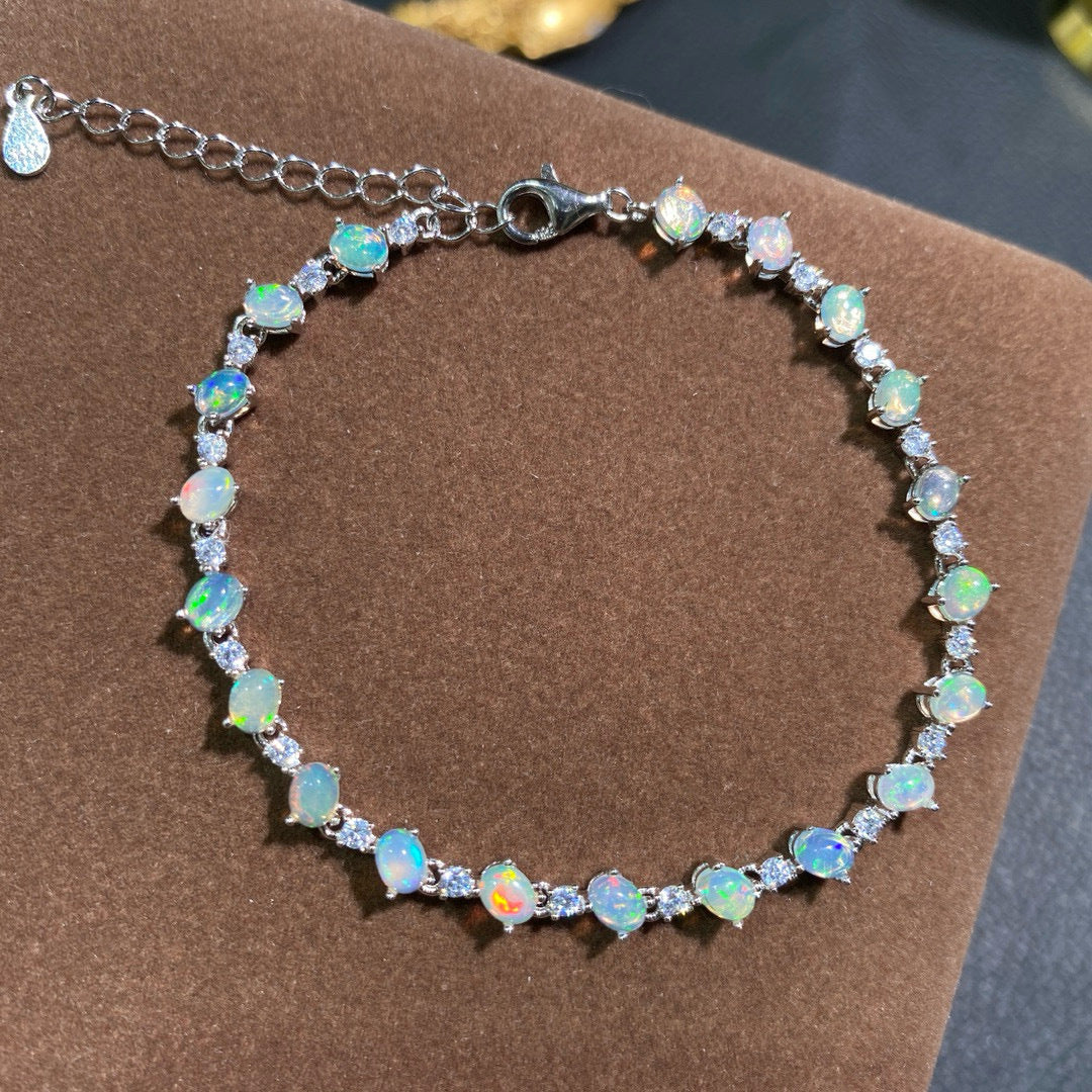 S925 Sterling Silver Natural Opal Bracelet for Women, Australian Opal 4x4mm, Vintage Classic Luxury Elegant Dinner Party Jewelry