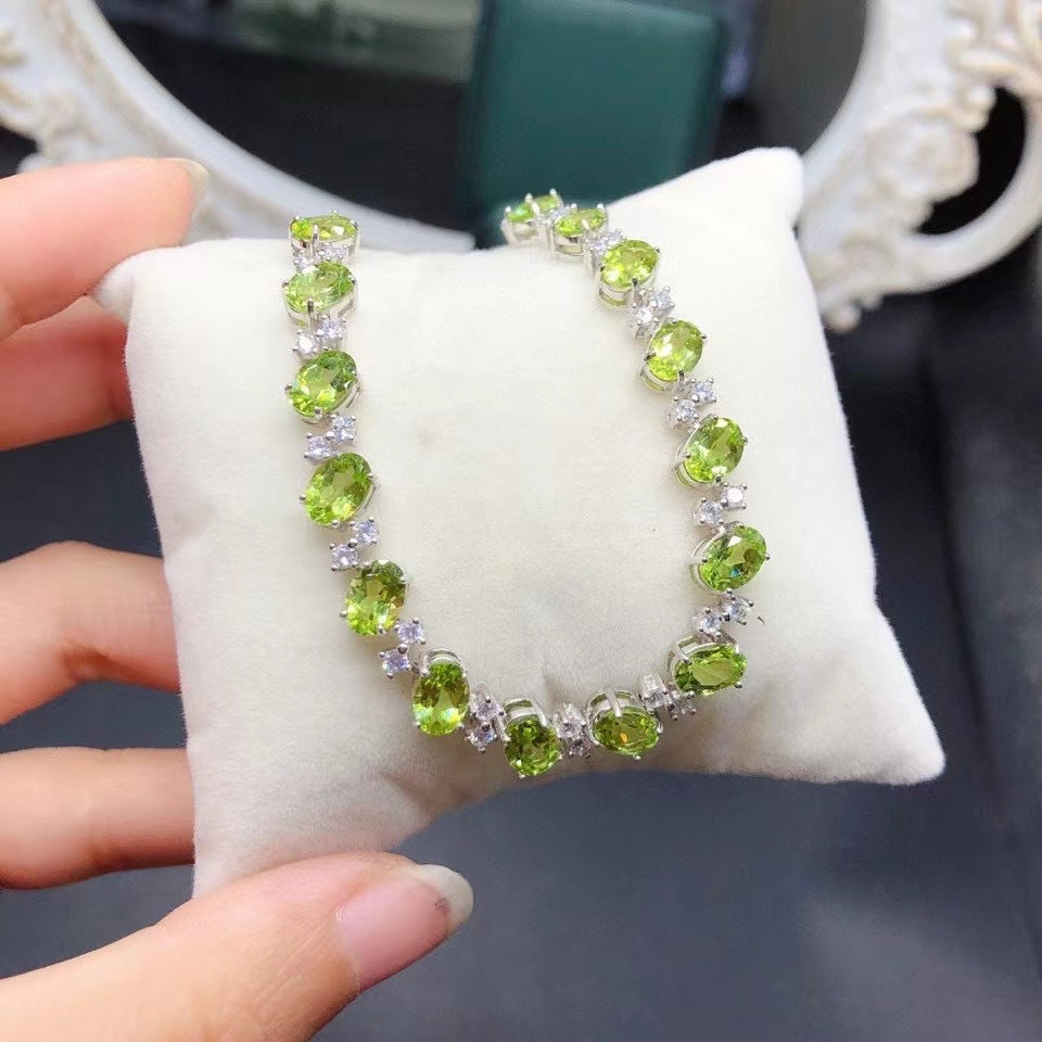 S925 Silver Inlaid Natural Peridot Oval 5*7 Size Bracelet