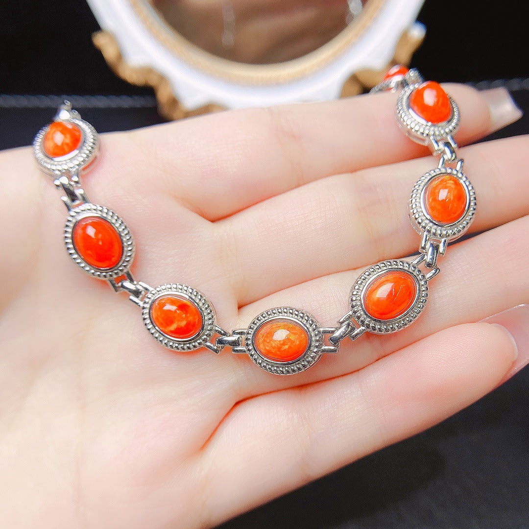 S925 Silver Inlaid Main Stone 6*8 Natural Fire Opal Bracelet