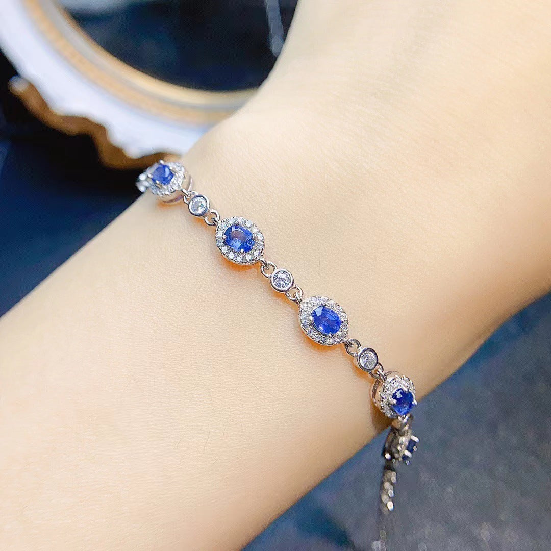 S925 sterling silver simulation sapphire 3*4mm oval drill adjustable bracelet