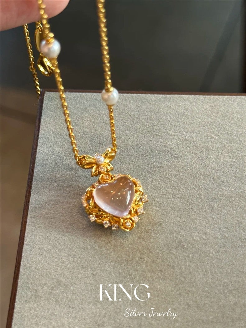 Pink Water Beauty| S925 Silver Gold-Plated Heart Pink Crystal Light Luxury Retro Niche Fashion Elegant Pure Silver Necklace