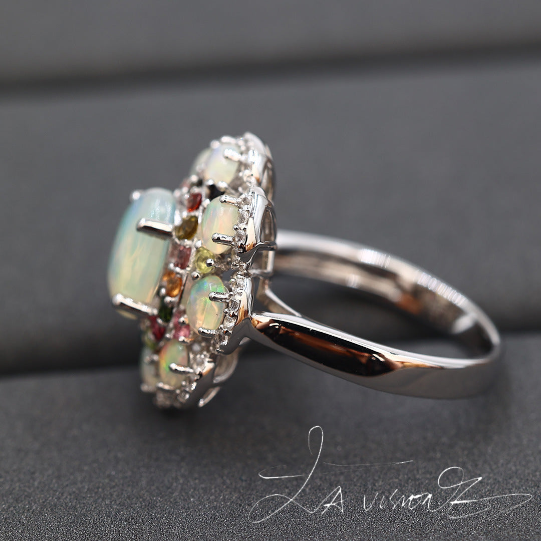 S925 Inlaid Natural Opal Natural Tourmaline Synthetic White Sapphire Ring