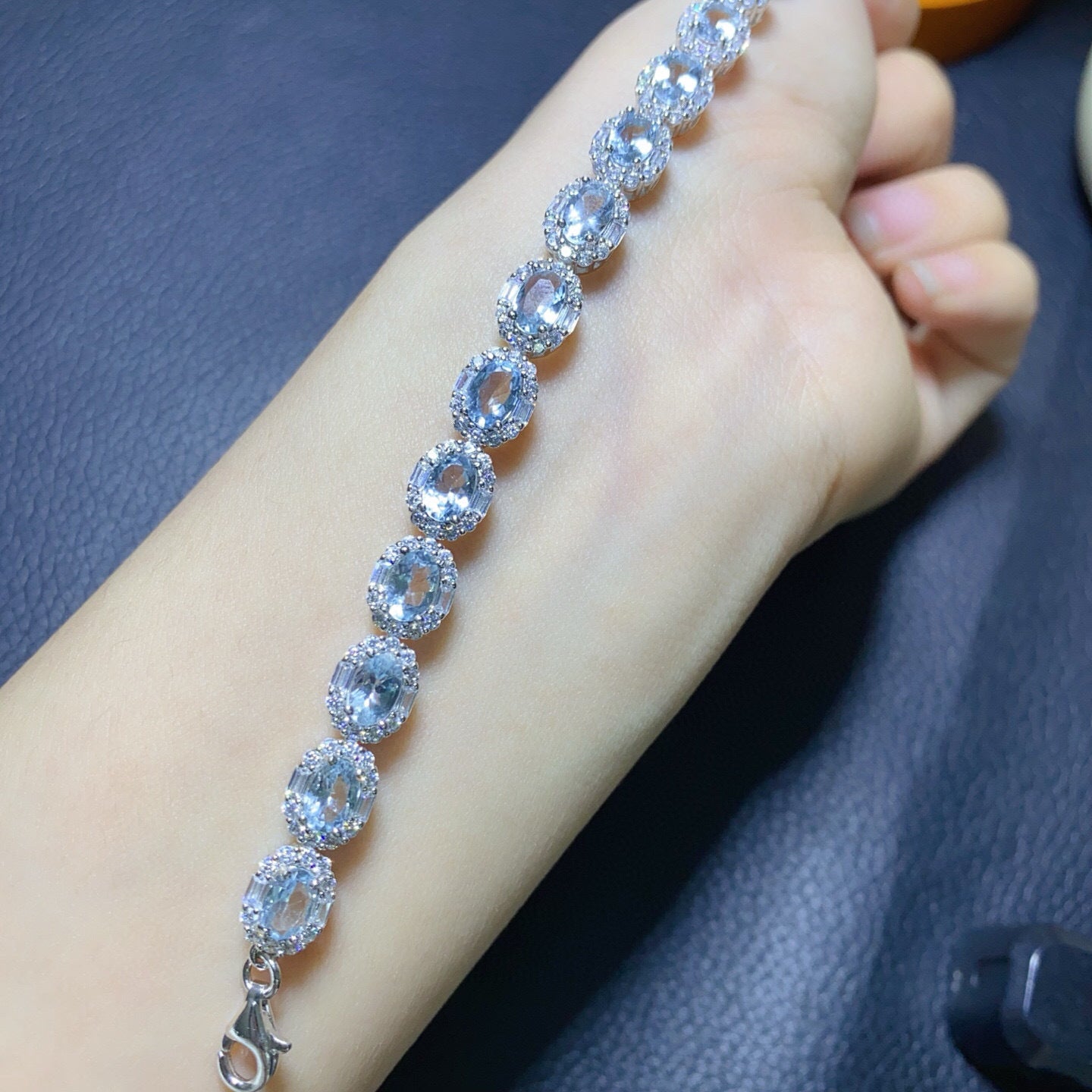 925 Silver Fine Craft Setting Inlaid 4x6mm Exquisite Temperament Style Natural Aquamarine Bracelet