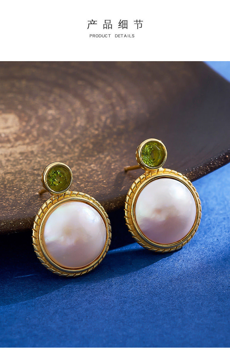 S925 Silver Gold-Plated Round Cabochon Mabe Pearl Stud Earrings French Vintage Peridot Earrings
