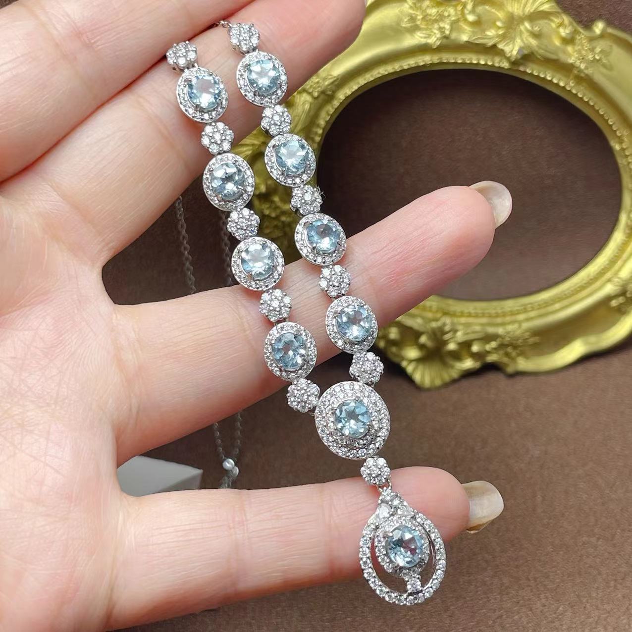 Luxury Necklace Collarbone Chain S925 Silver Inlaid with Natural Magnesia Garnet Aquamarine Diopside Multi-Gemstone Chain