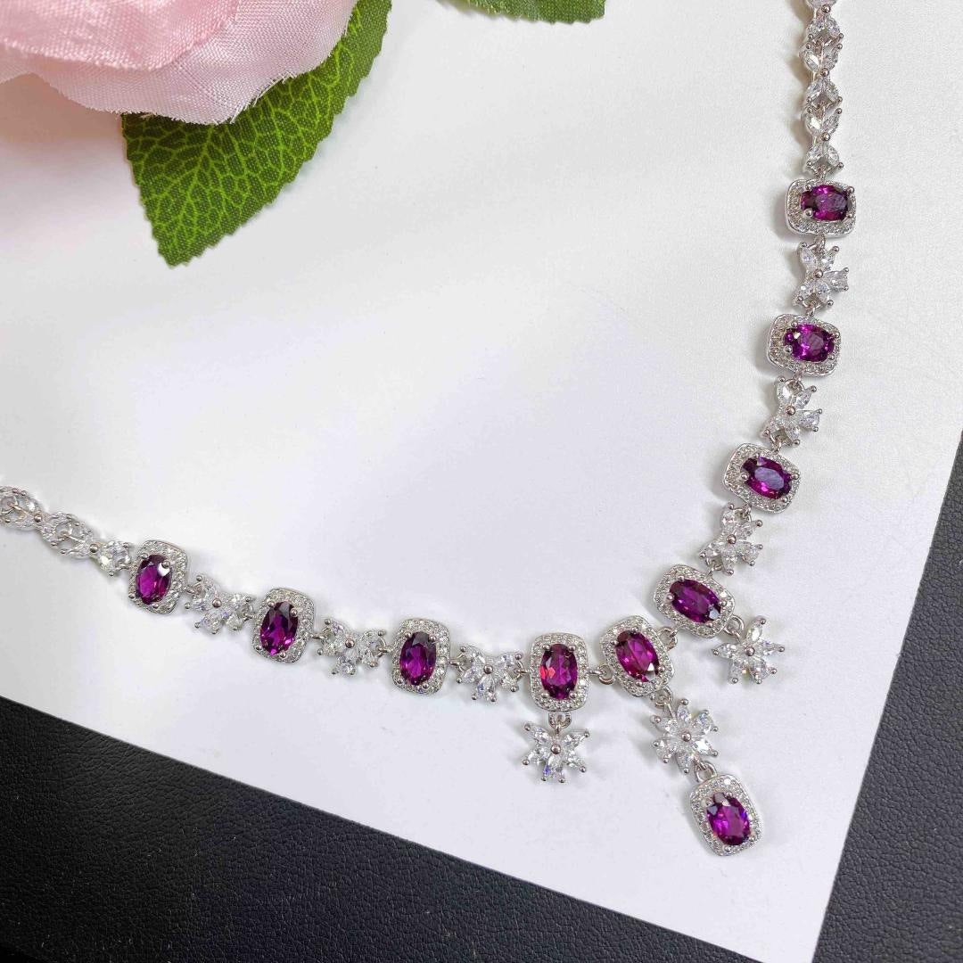 Natural Purple Garnet Necklace S925 Silver Pendant Fashion Garnet Crystal Necklace Collarbone Chain