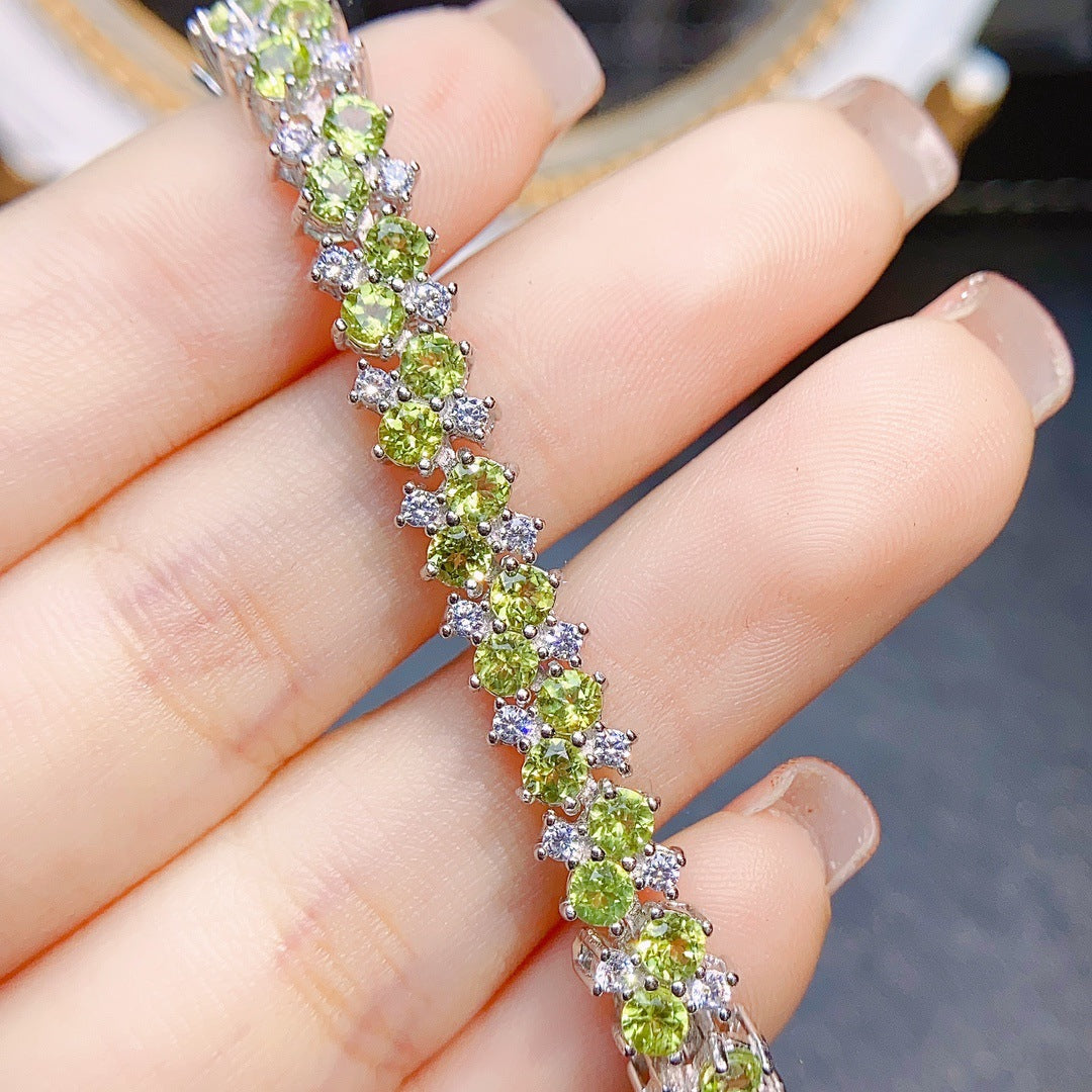 S925 Silver Inlaid Main Stone 3*3 Natural Peridot Bracelet