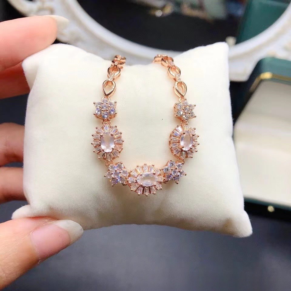 Natural Pink Crystal Bracelet Sakura Pink 925 Sterling Silver Fine Quality Crystal Hand Jewelry