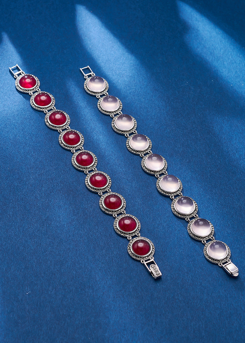 European and American Retro Mosaic Round Red Corundum Bracelet S925 Sterling Silver Inlaid Pink Crystal Cabochon Personalized Bracelet