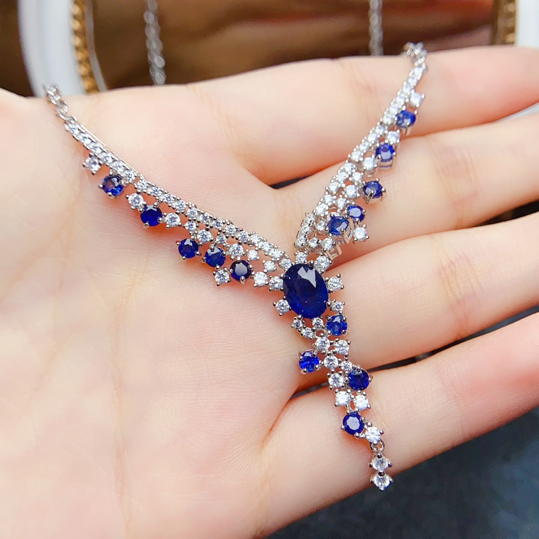 S925 Silver Inlaid Main Stone 4*6 Natural Sapphire Necklace