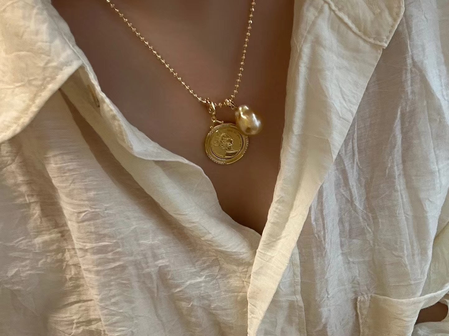 Vintage Fashionable Pearl Approx. 10-12mm Gold Baroque Sweater Chain