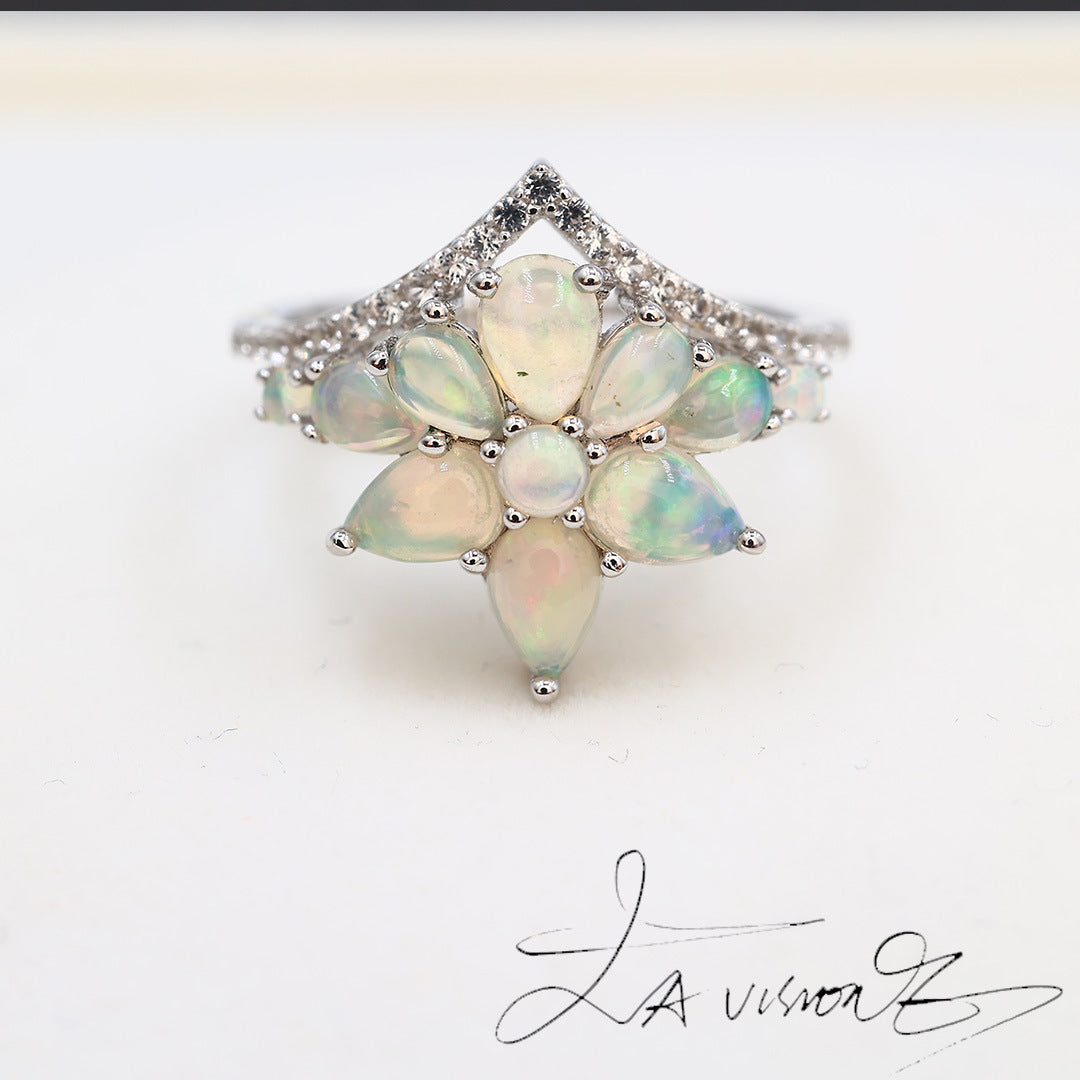 S925 Silver Inlaid Natural Opal Vintage Jewelry Synthetic White Sapphire Ring