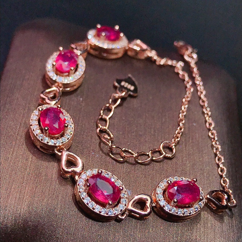 Ruby Bracelet with Extended Chain Adjustable 925 Silver Ruby