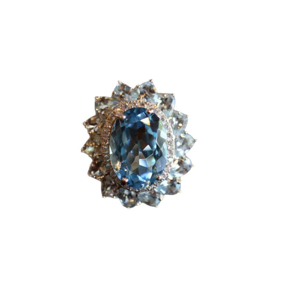 S925 Sterling Silver Full Craft Inlaid with Aquamarine Natural Topaz Ring