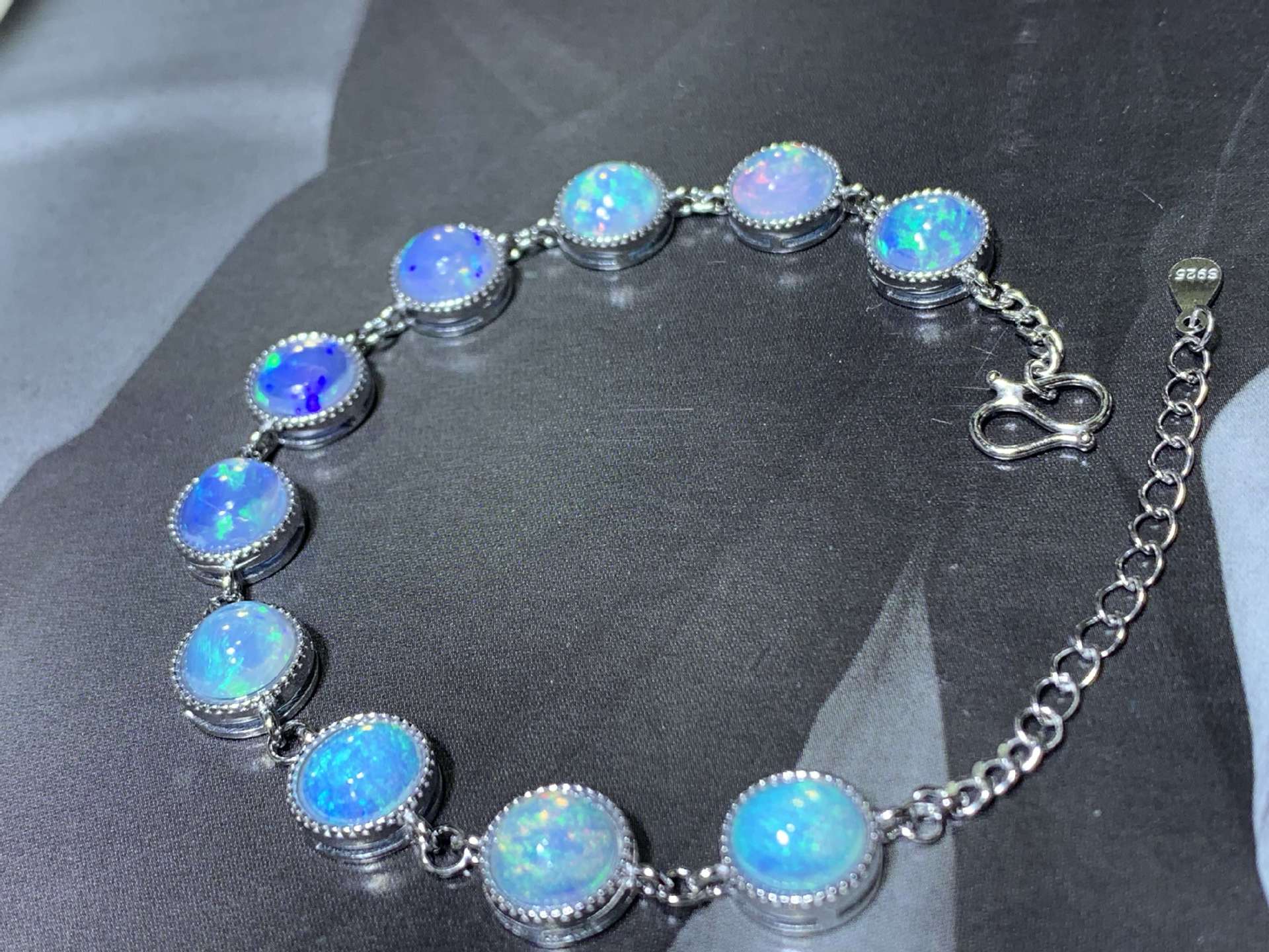925 Silver Inlaid Opal Round Egg Surface Natural Opal Bracelet