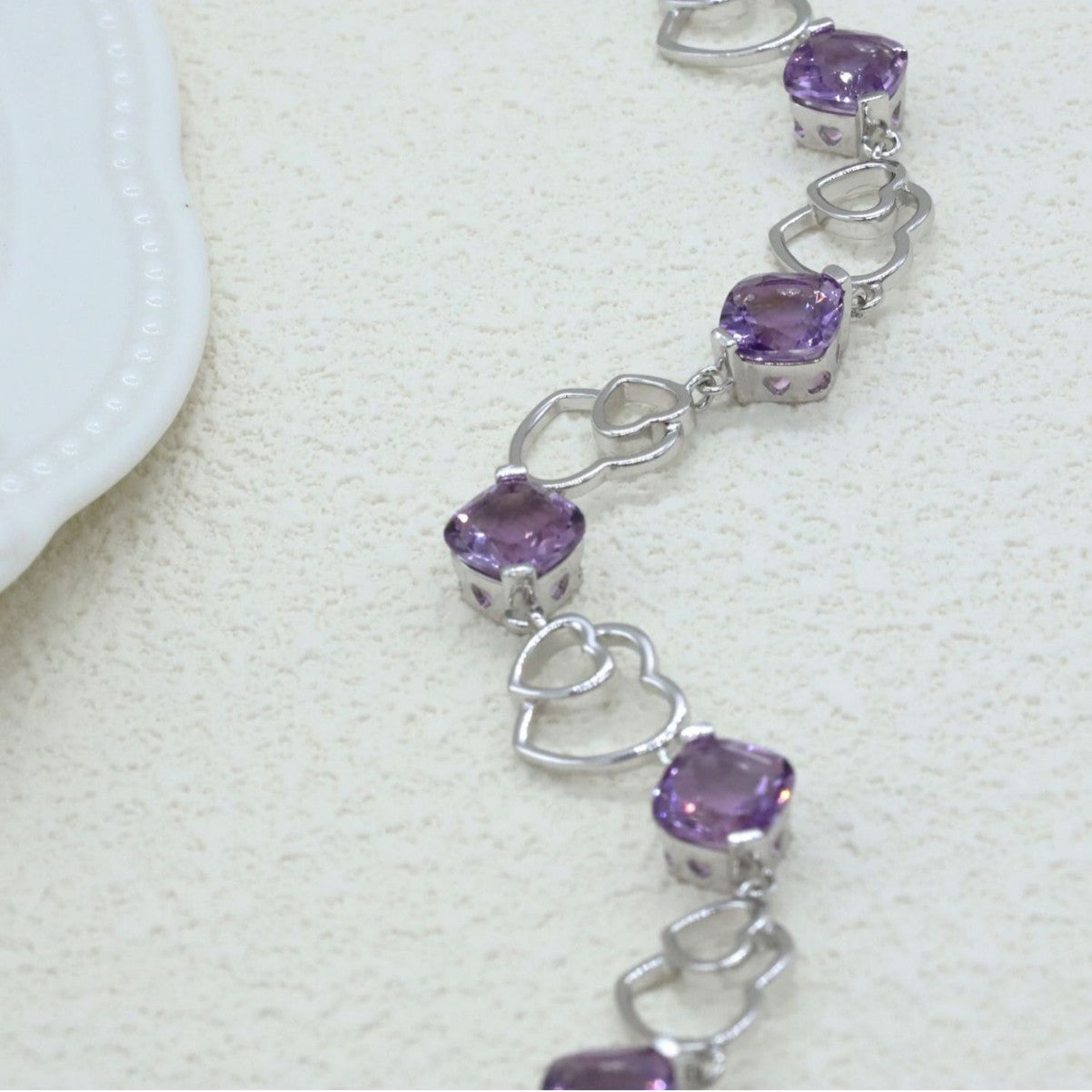 925 Sterling Silver Bracelet Love Double Heart Inlaid Amethyst Women's Bracelet