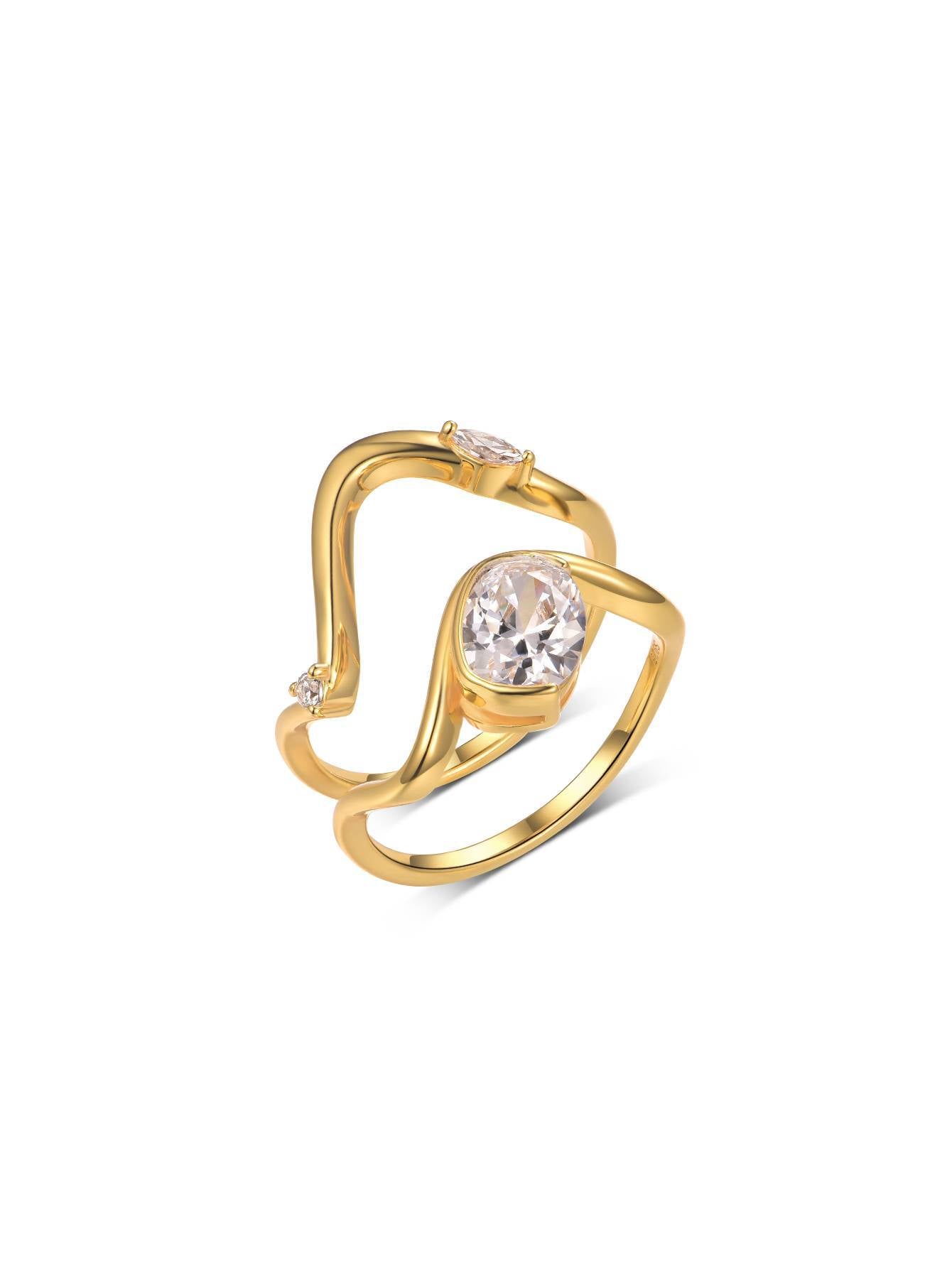 S925 Silver Gold Moissanite Ring Three-Dimensional Two-Circle Wave Stacking Design Women's Hot-Selling Popular Item