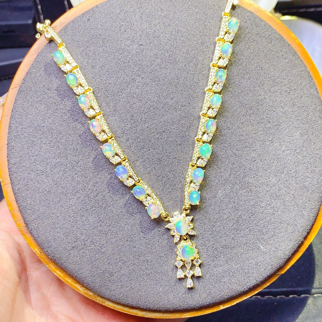 S925 Sterling Silver Inlaid Natural 4*5mm Opal Luxury Necklace