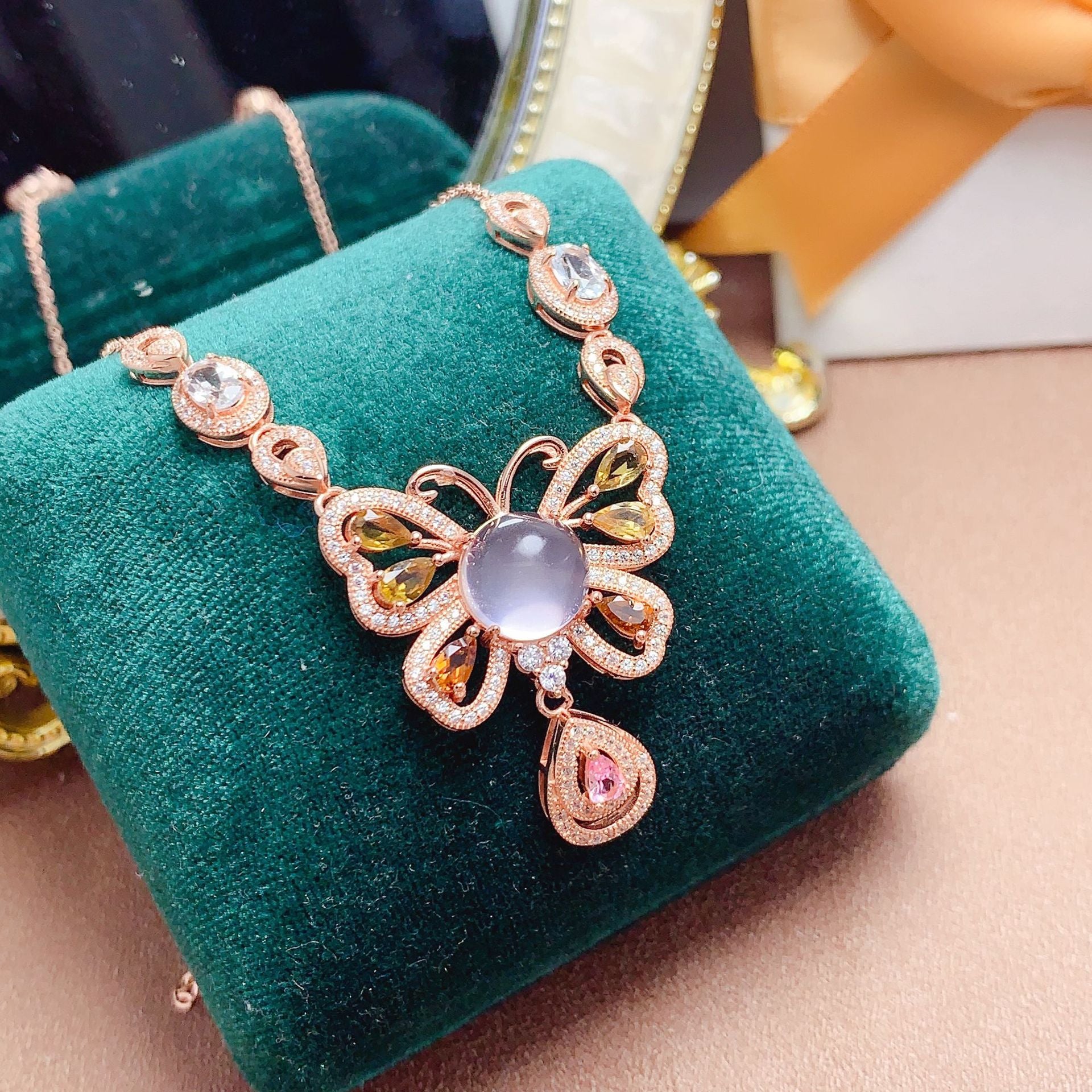 Clavicle Chain Gemstone Jewelry 925 Silver Inlaid with Natural Rose Quartz Tourmaline Aquamarine Engagement Date Necklace