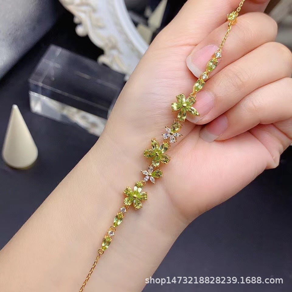 Natural Peridot S925 Sterling Silver Gold Plated Flower Peridot Bracelet