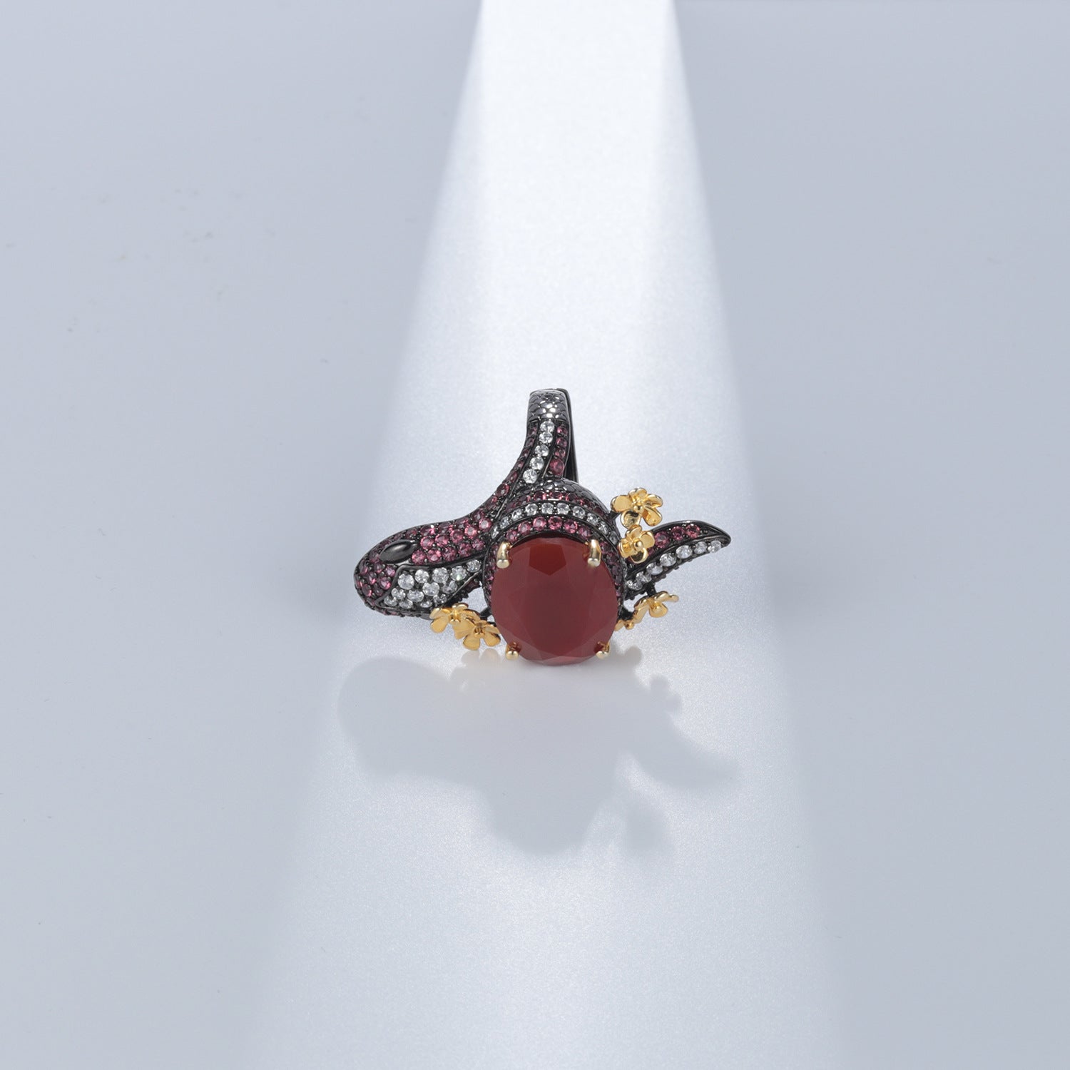 925 Silver Gemstone Inlaid Red Agate Flower Ring Jewelry Set