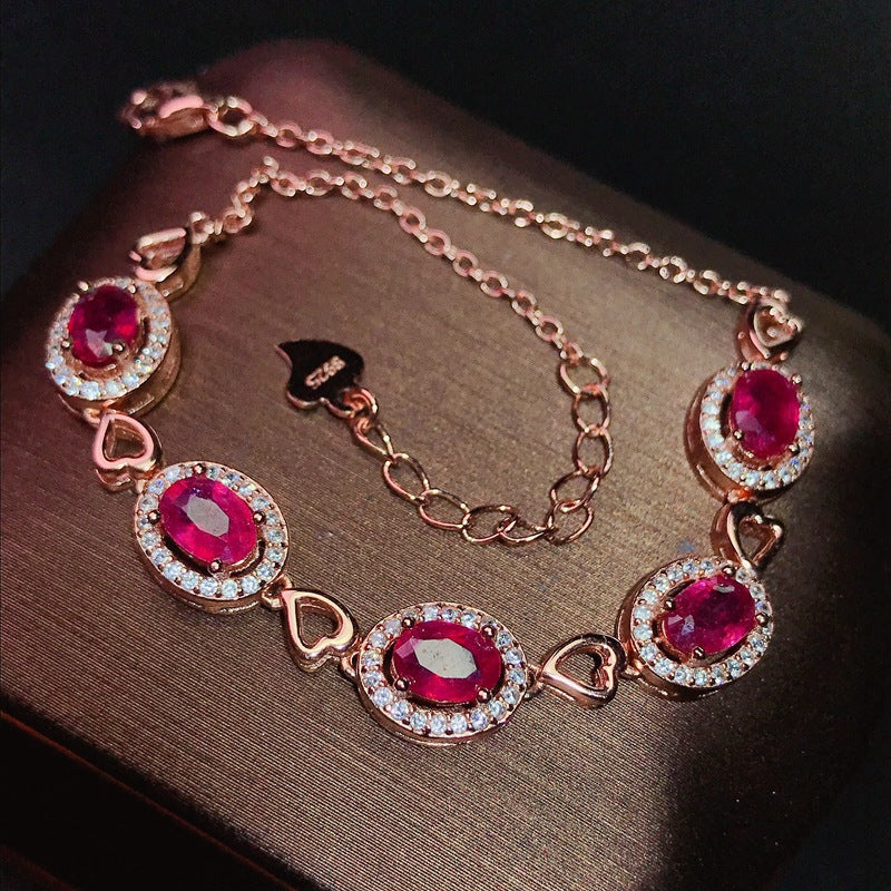 Ruby Bracelet with Extended Chain Adjustable 925 Silver Ruby