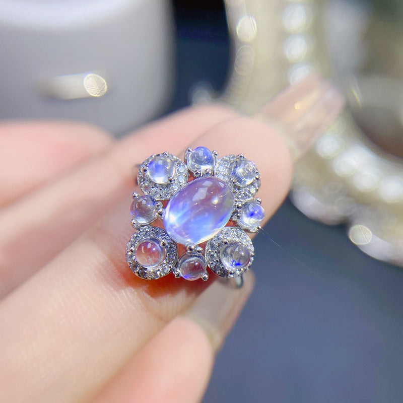 Moonstone Ring 925 Silver Inlaid with Natural Blue Moonstone Adjustable Women's Ring