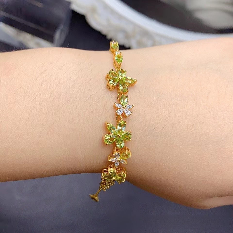 Natural Peridot S925 Sterling Silver Gold Plated Flower Peridot Bracelet