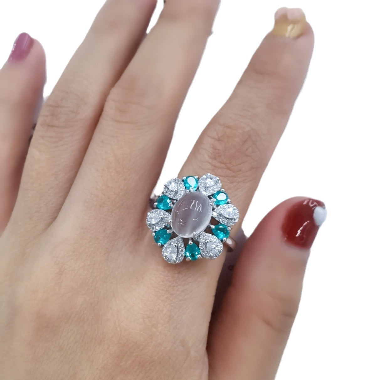 S925 Silver Platinum Plated Inlaid Moonstone Pendant Ring Jewelry Set