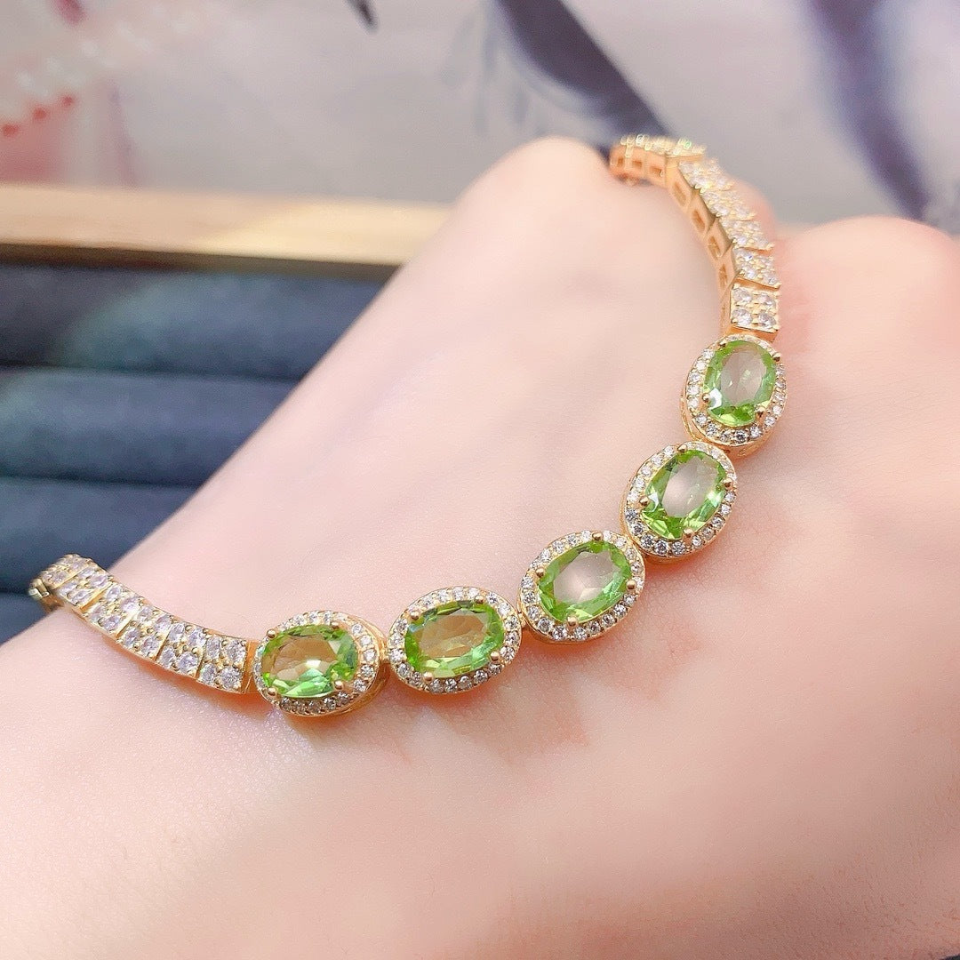 S925 sterling silver natural olivine bracelet fashion niche design oval 5*7mm bracelet