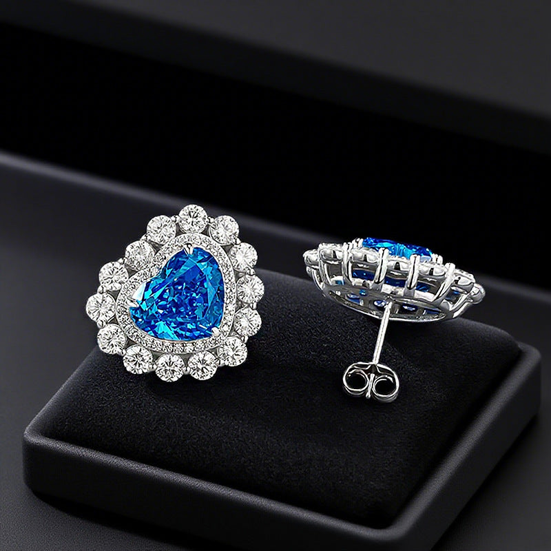 S925 Silver Full Inlaid Heart 9*11 Aquamarine High Carbon Diamond Ice Flower Heart-shaped Earrings