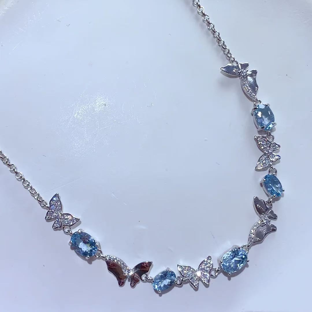 Natural Aquamarine Necklace 925 Sterling Silver Butterfly Exquisite Light Luxury Niche Design High-end Colorful Gemstone Collarbone Chain