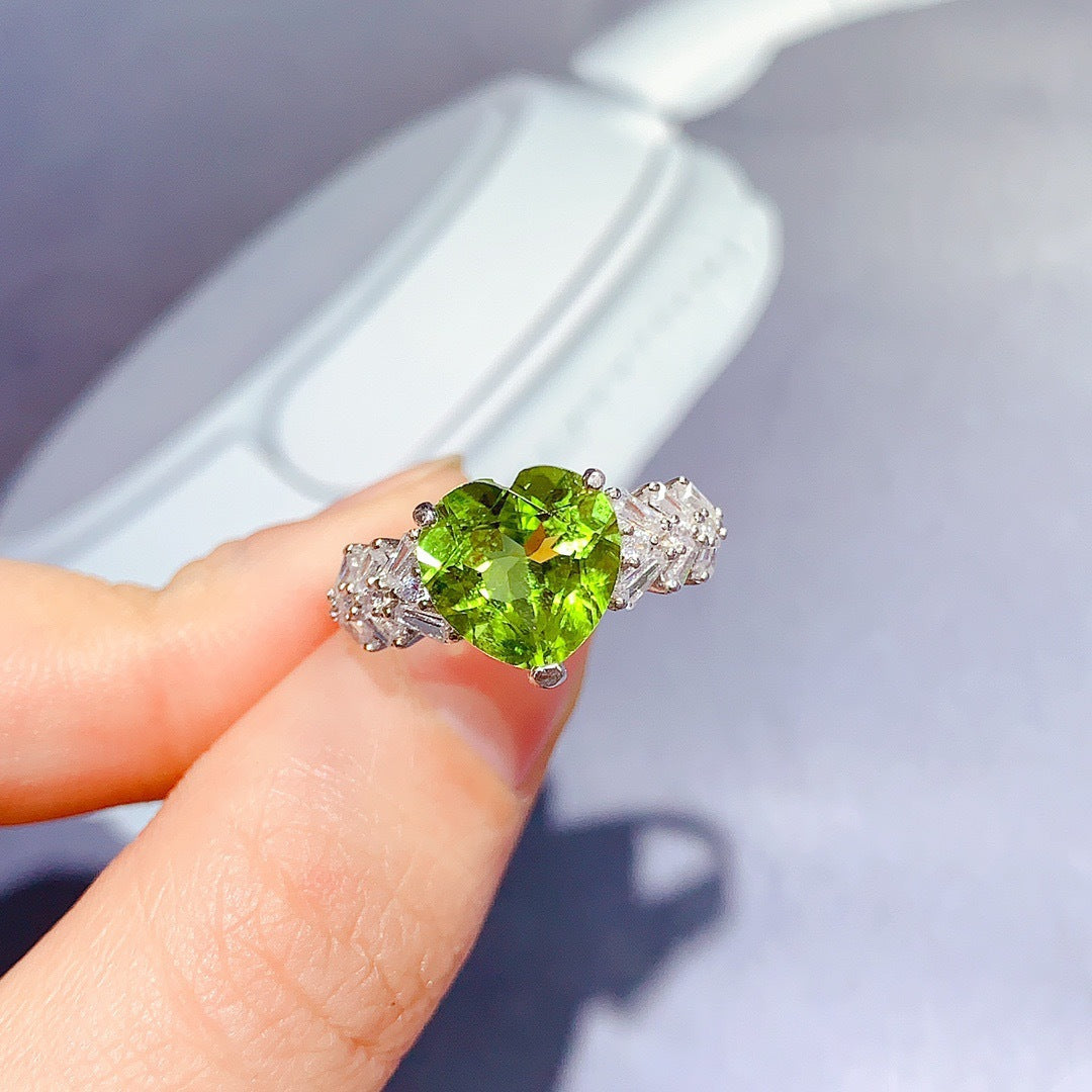 Natural Peridot S925 Sterling Silver Love Heart Ring