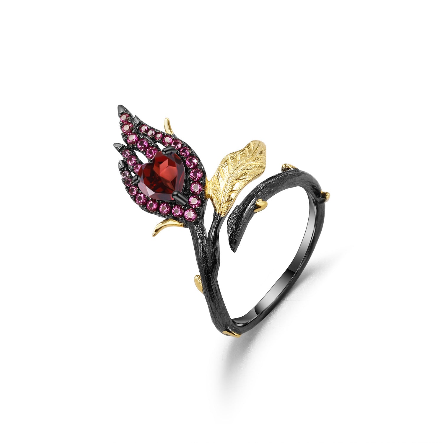 Bague ouverte élégante en argent 925 et grenat rouge, style floral. 