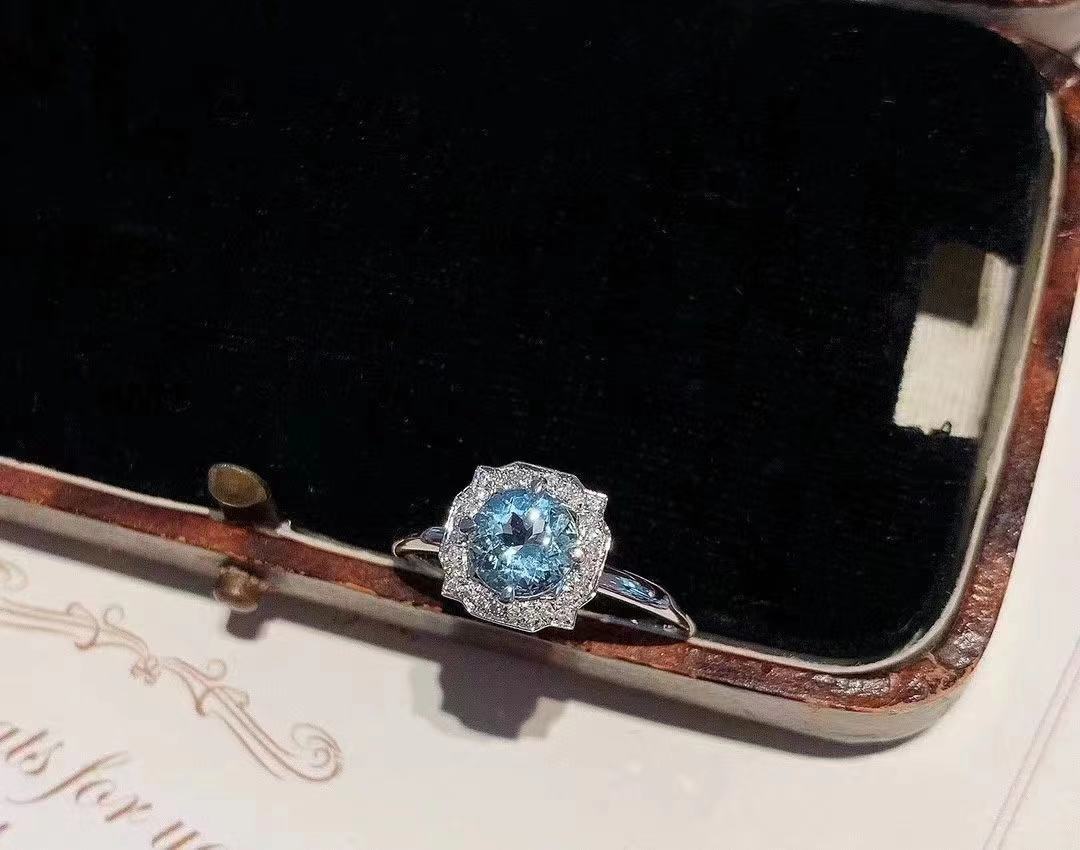 925 Silver Inlaid Natural Aquamarine Ring Necklace Two-Piece Set