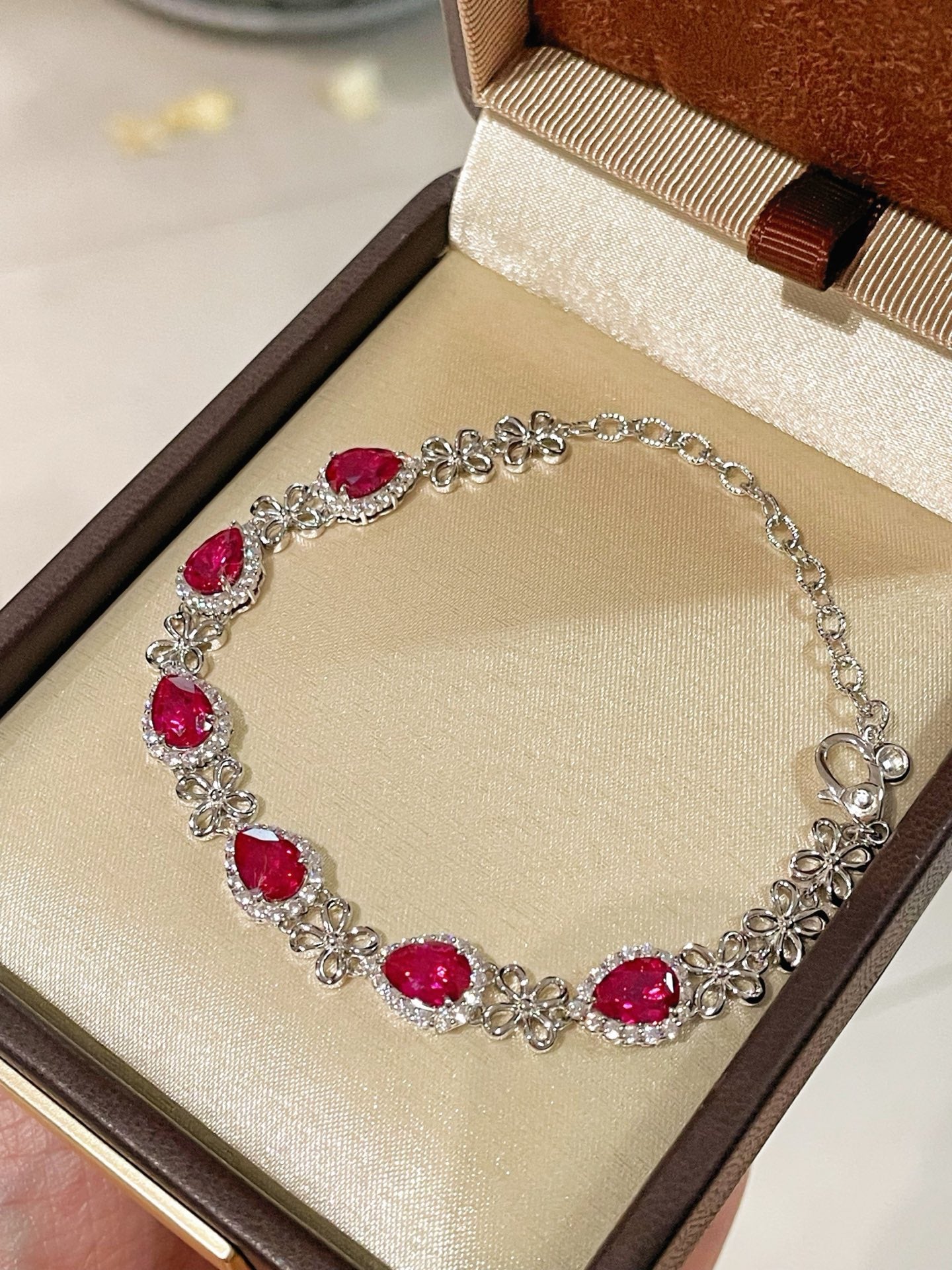 925 Silver Gold Plated Red Corundum Water Drop Flash Diamond Bracelet